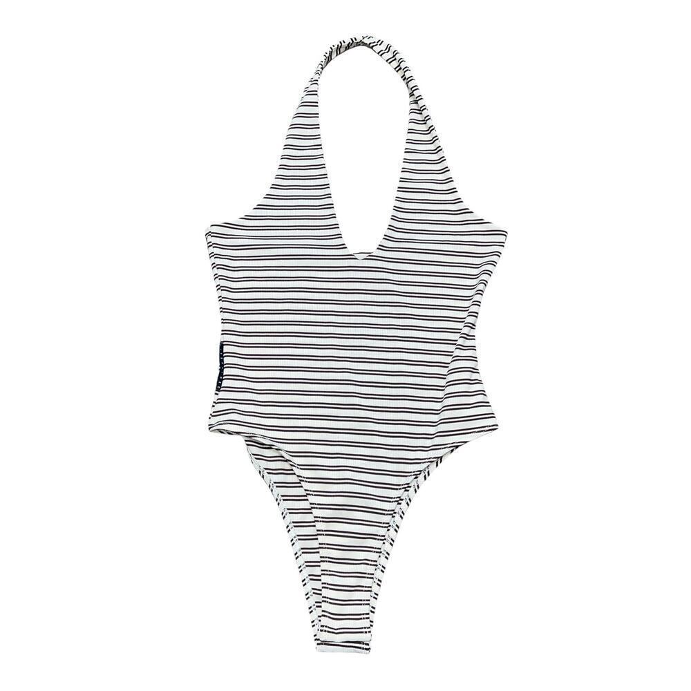 MISSGUIDED Brown & Cream Plunge Halter Nick Striped Backless Bodysuit Size M